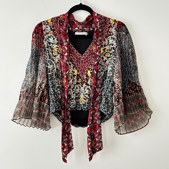 Alice & Olivia Elaina Sunburst Pleated-Sleeve Tie-Neck Blouse - Picture 1 of 16